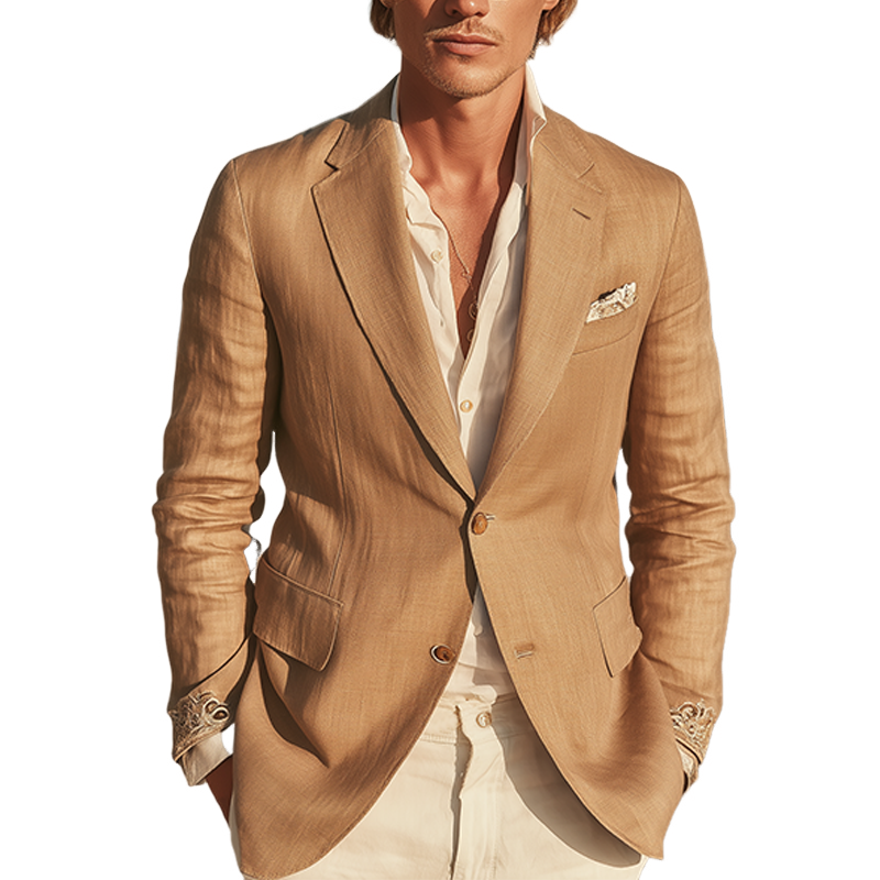 Men's Classic Retro Cuff Embroidery Cotton And Linen Slim Fit Single Breasted Blazer MTA1636G7K