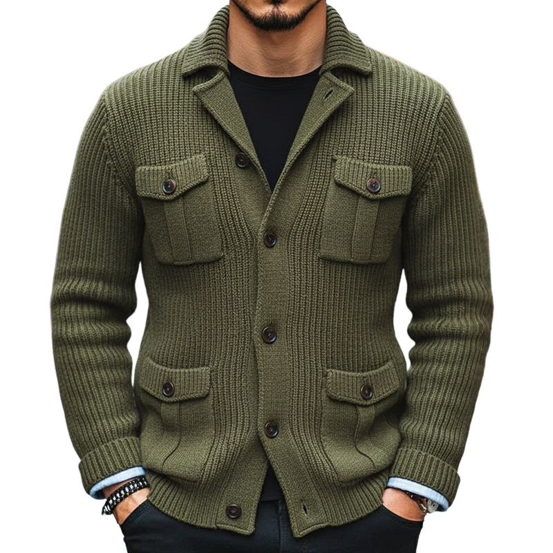 Men's Retro Casual Solid Color Knitted Multi-Pocket Lapel Cardigan Jacket MTA2401I7TO