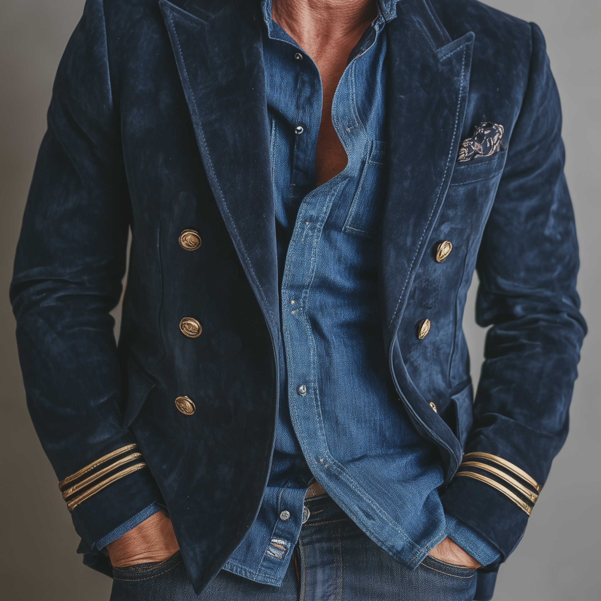 Men's Classic Vintage Navy Suede Double-breasted Slim-fit Blazer MTA1550I1K