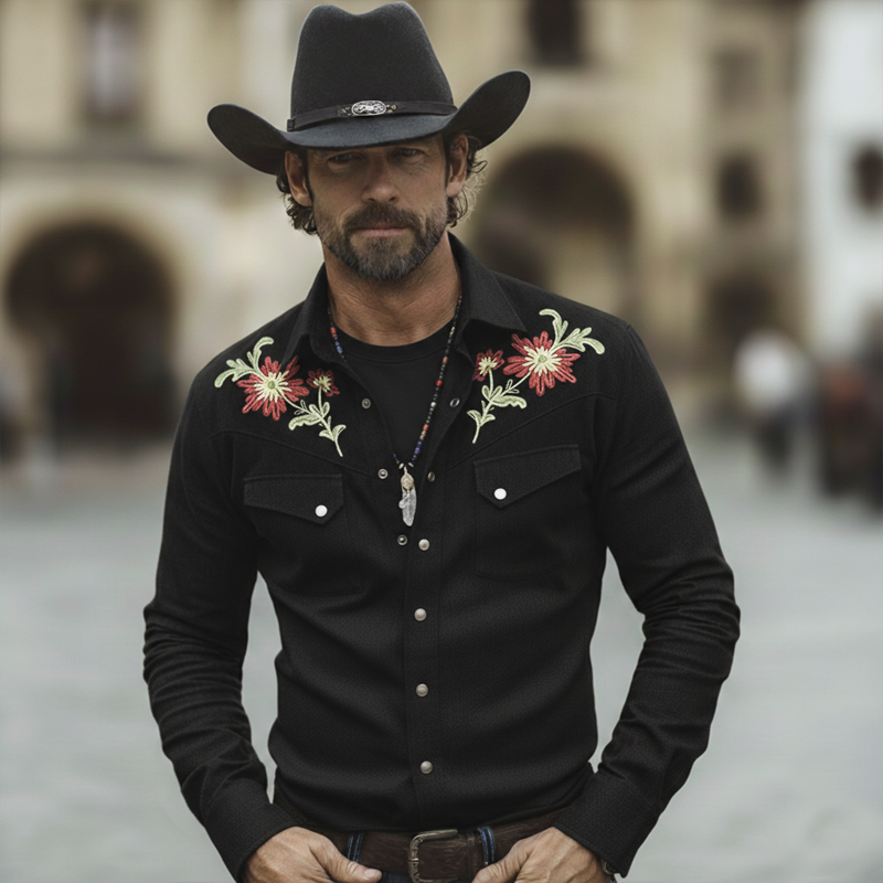 Men's Western Cowboy Style Twill 100% Cotton Floral Embroidery Long-Sleeve Shirt MTZ1297A1U