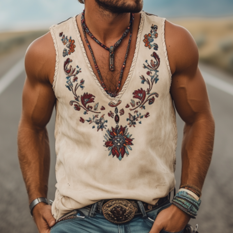 Men's American Western Cowboy Style Suede Embroidered V-Neck Tank Top 72894320K