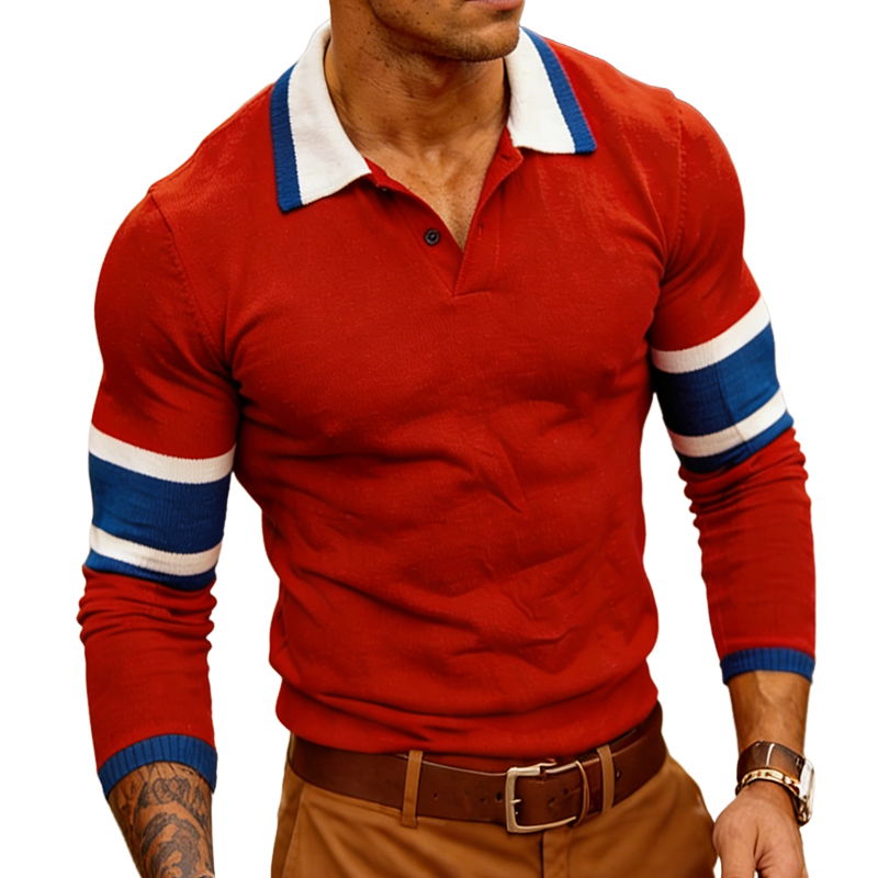 Men's Retro Casual Color Block Knitted Lapel Sweater MTA2241L5TO