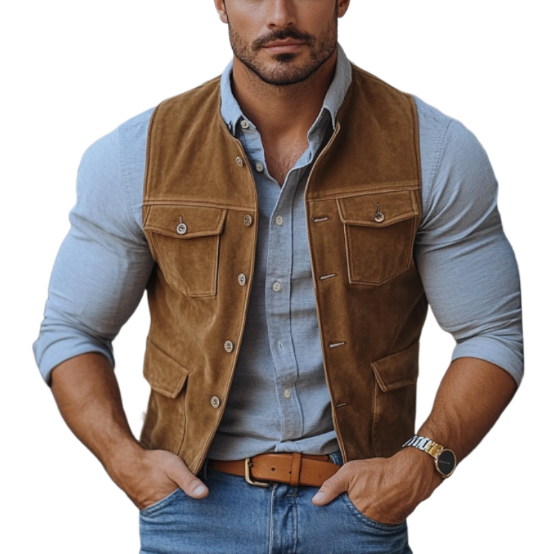 Men's Fashion Suede Round Neck Multi-Pocket Single Breasted Slim Fit Vest 84161193Y