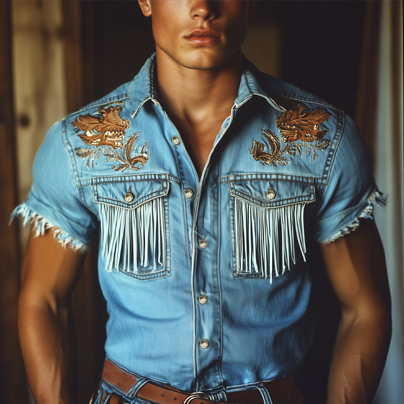 Men's Western Cowboy Style Embroidered Tassel Denim Short Sleeve Shirt MTA1426E5U