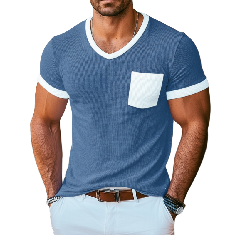 Men's Casual Cotton Blended Waffle Colorblock V-Neck Patch Pocket Slim Fit Short Sleeve T-Shirt MTA0161G3M