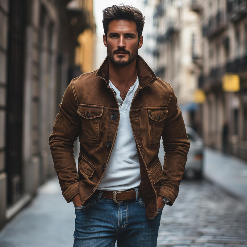 Men's Vintage Washed Distressed Denim Lapel Single-breasted Multi-pocket Caogo Jacket MTA2150H2M