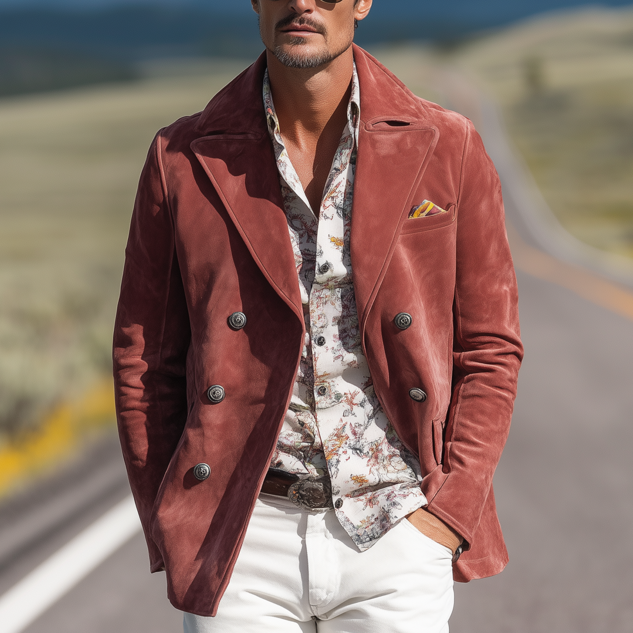 Men's Classic Casual Western Style Lapel Double-breasted Suede Jacket MTA1122H8K