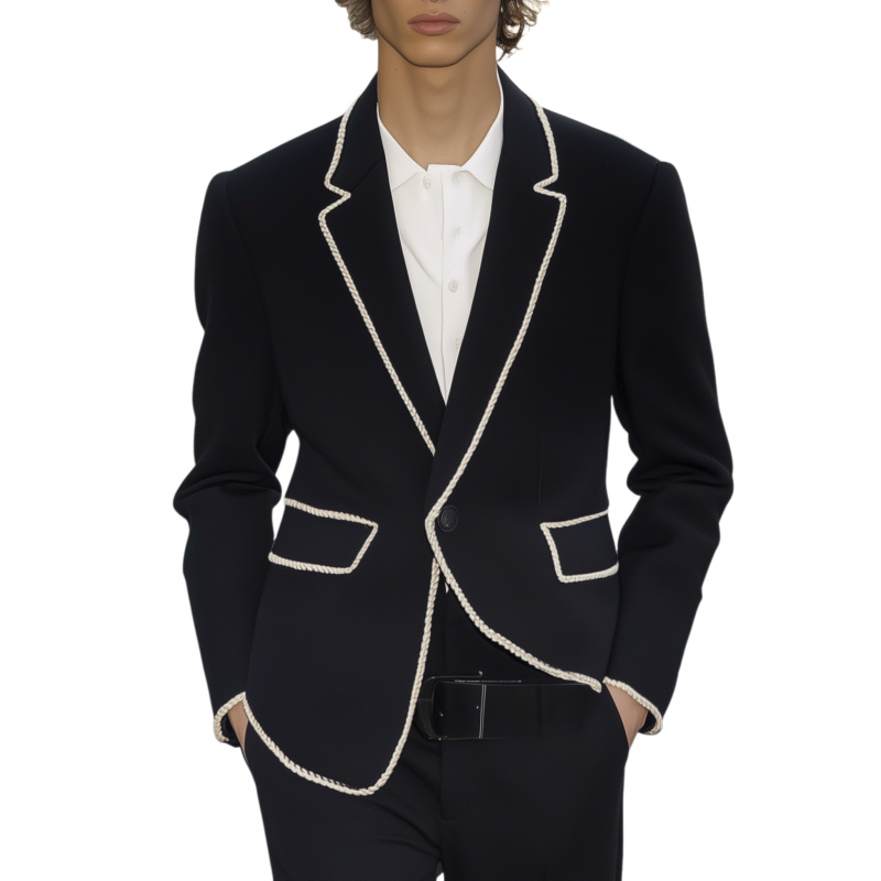Men's Vintage Elegant Notch Lapel Single-breasted Contrast Color Trim Slim-fit Suit Blazer MTA2270G7M