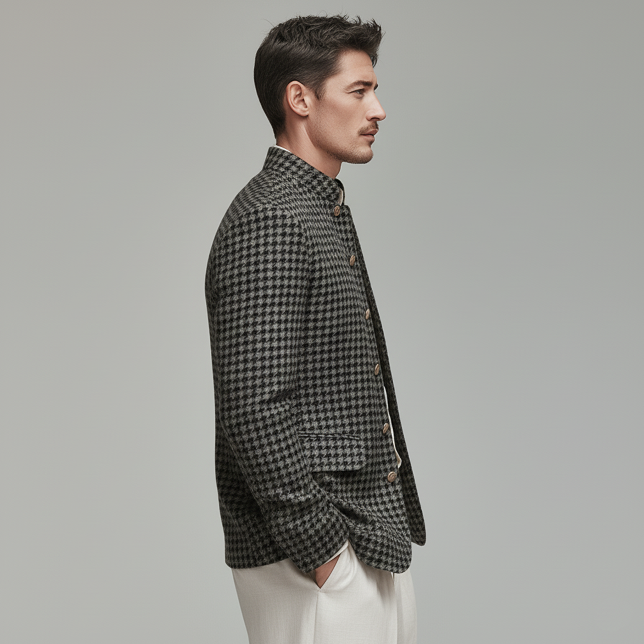 Men's Classic Retro Stand Collar Faux Houndstooth Wool Slim Fit Single-breasted Jacket MTA1187J8K
