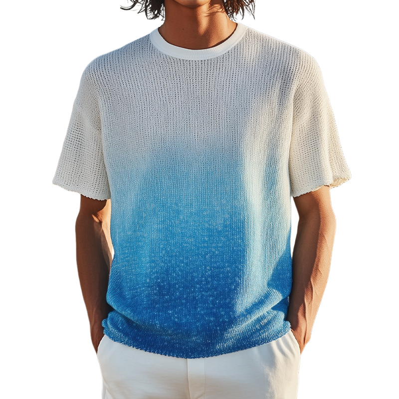 Men's Spring And Summer Fashion Casual Knitted Gradient Hanging Dye Round Neck Short-sleeved T-shirt MTA3043F7K