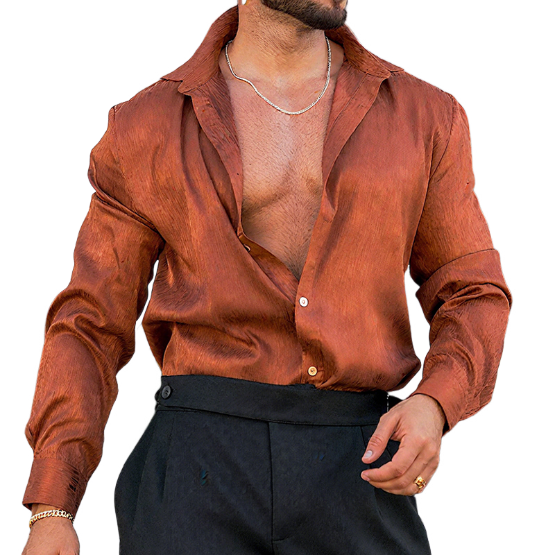Men's Retro Casual Street Satin Lapel Long Sleeve Shirt MTA2339G8TO