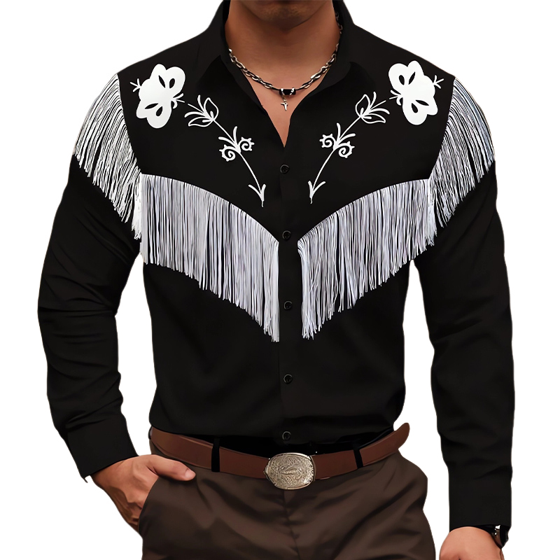 Men's Vintage Embroidered Tassel Long Sleeve Cotton Shirt 67104892U