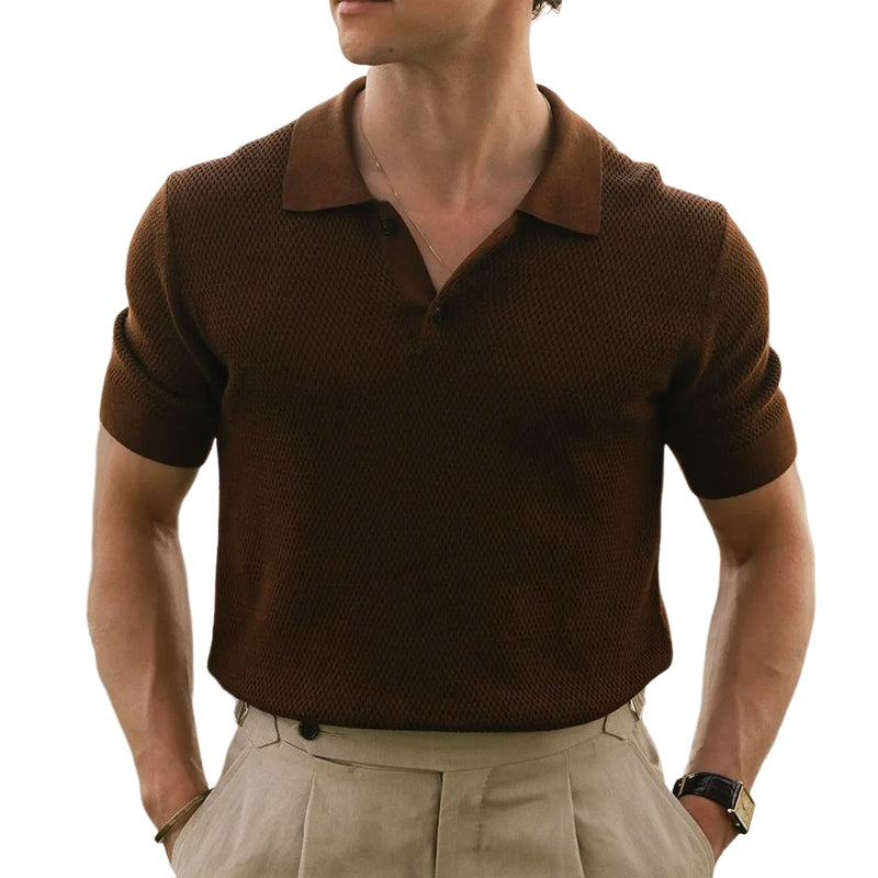 Men's Summer Business Brown Knitted Polo Neck Short Sleeve T-Shirt MTA2600E8U
