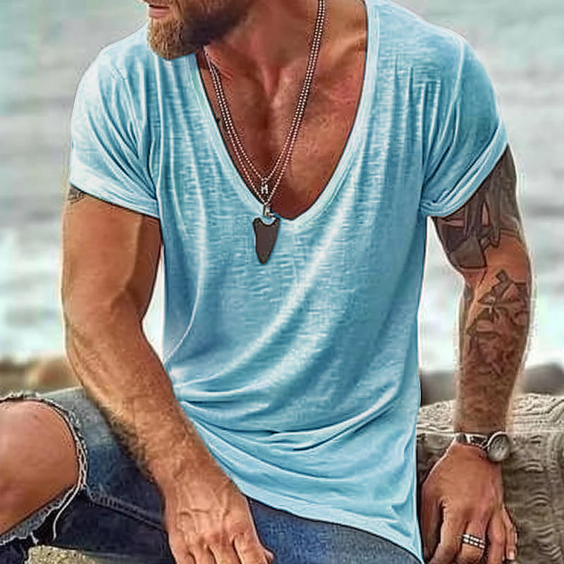 Men's Casual Cotton V Neck Short-Sleeved T-Shirt 00121855M