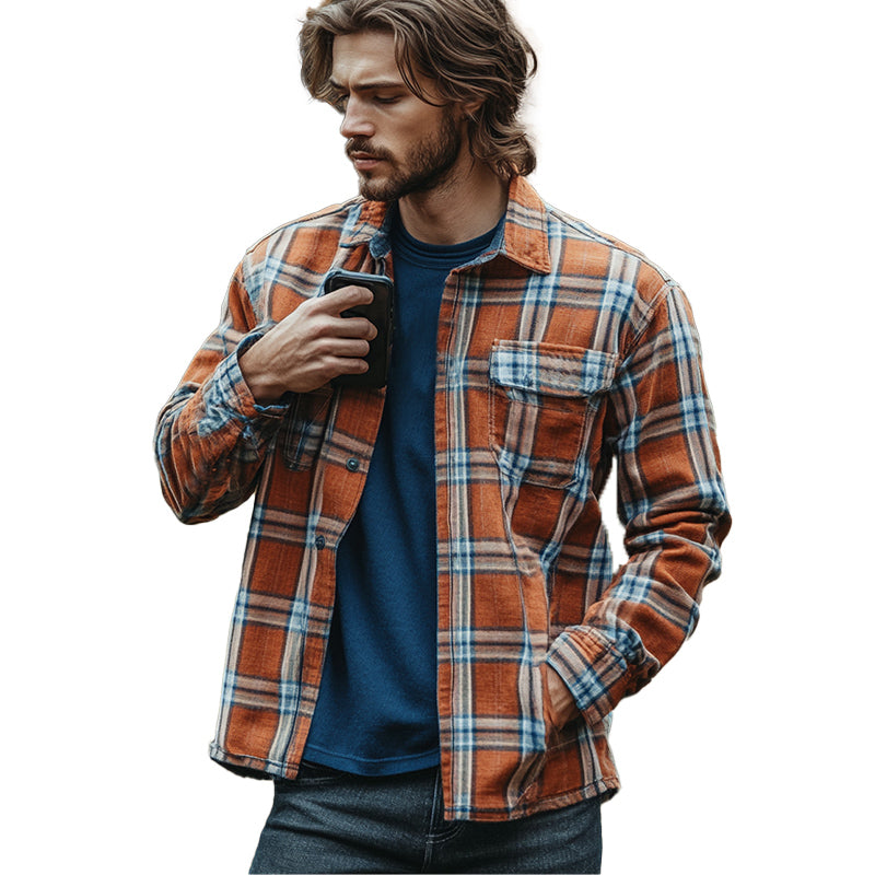 Men's Casual Orange Plaid Button-Down Long Sleeve Shirt 72441720U