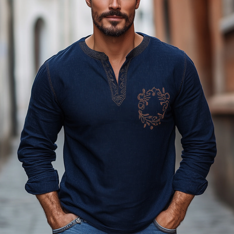 Men's Navy Blue Cotton and Linen Vintage Embroidery V-Neck Long Sleeve T-Shirt 48150060U