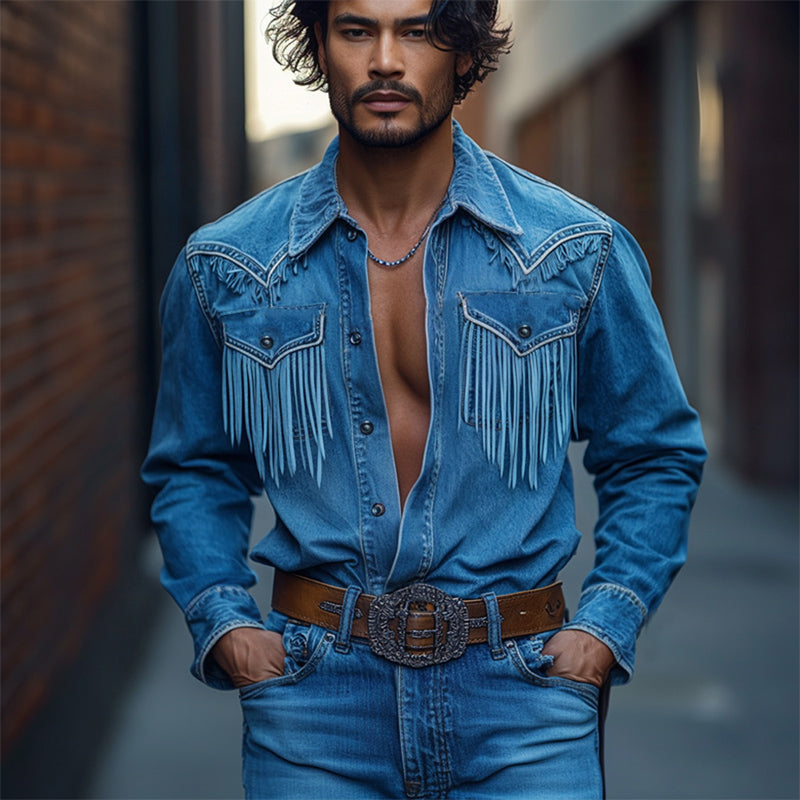 Retro Western Cowboy Dusk-søm, denim, langermet skjorte for menn 10742814U