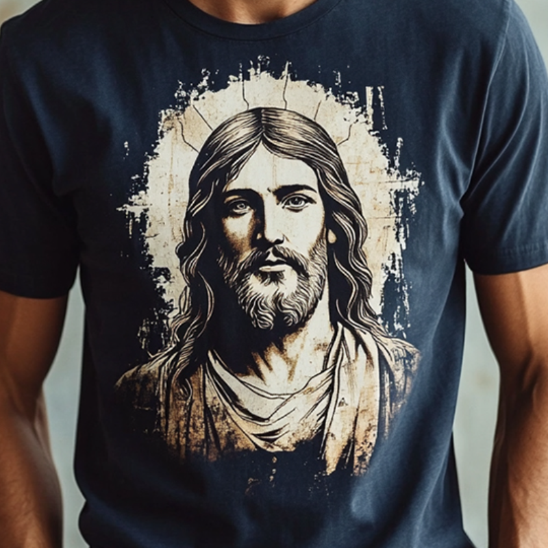 Men's Retro Casual Jesus Printed Round Neck Short Sleeve T-Shirt MTA1449C0TO