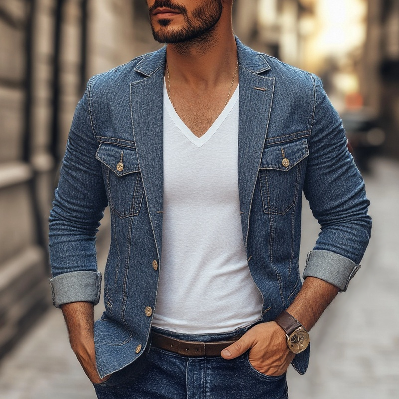 Distressed Notch Lapel Single Breasted denim Blazer 10317662Z for menn