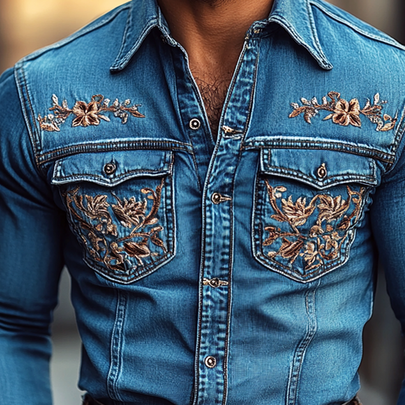 Men's Western Cowboy Style Embroidered Lapel Chest Pocket Long Sleeve Denim Shirt 08133213Z