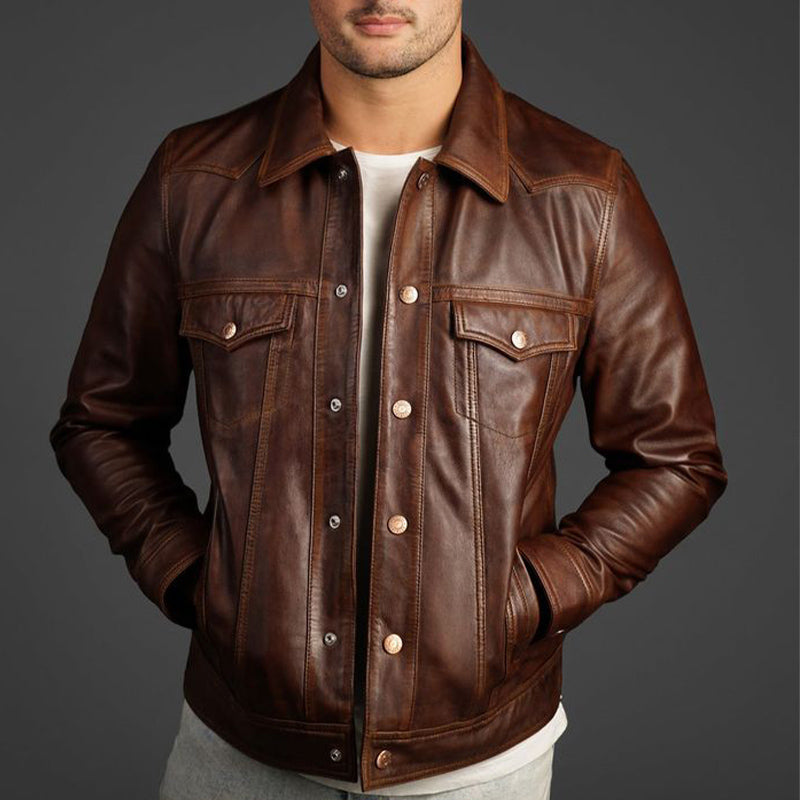 Men's Vintage Slim Fit Reddish Brown Snap Button Leather Jacket 19141162U