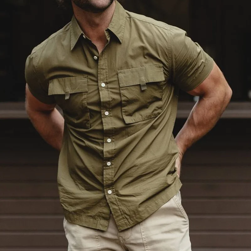 Men's Solid Color Lapel Chest Pocket Short Sleeve Cargo Shirt 27267452Z