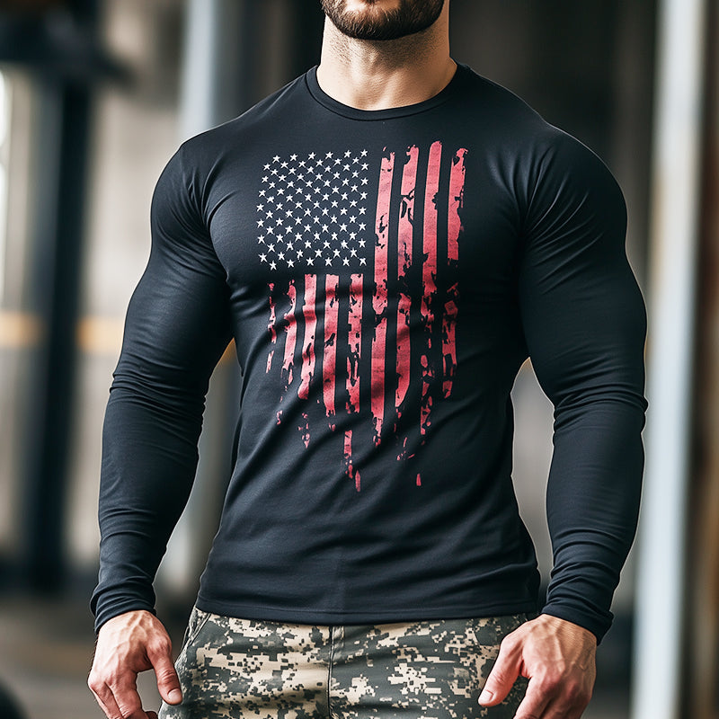 Men's Vintage Casual American Flag Printed Crew Neck Long Sleeve T-Shirt 37774023TO