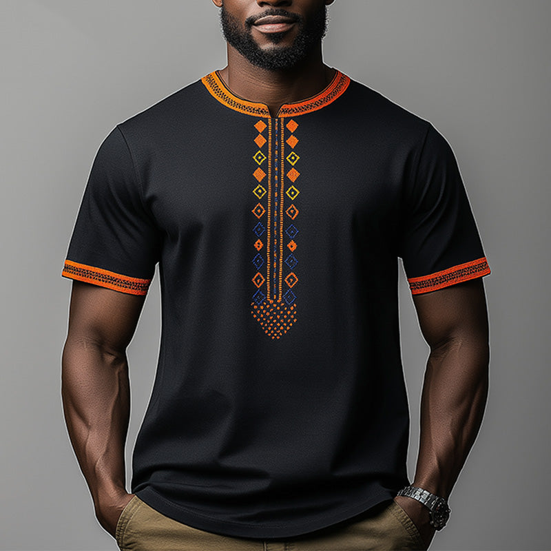 Men's Summer Ethnic Style Contrast Color Embroidery Cotton Blended Short Sleeve T-Shirt MTA2214E9P