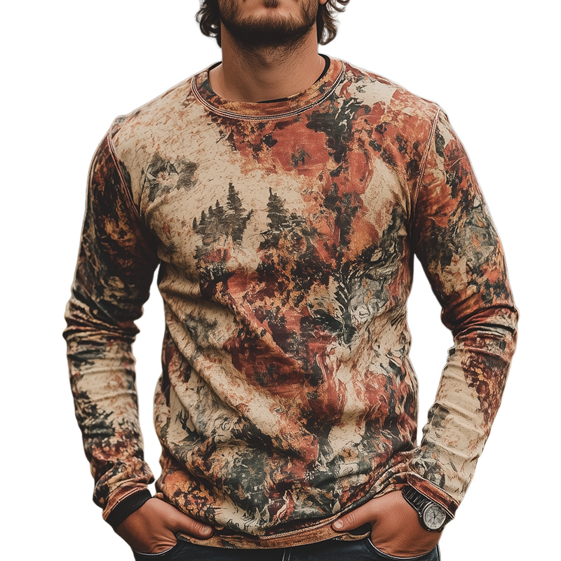 Men's Retro Casual Hippie Floral Print Garden Neck Long Sleeve T-Shirt MTA3058G1TO