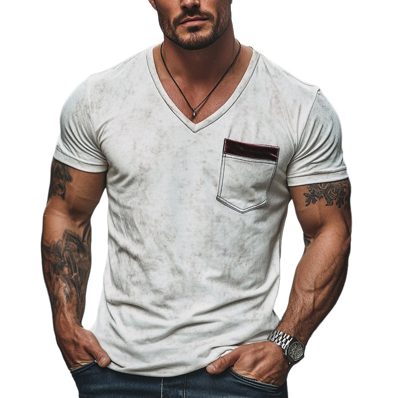 Men's Casual Pocket Contrast Color V-Neck Short-Sleeved T-Shirt MTA2448E7X