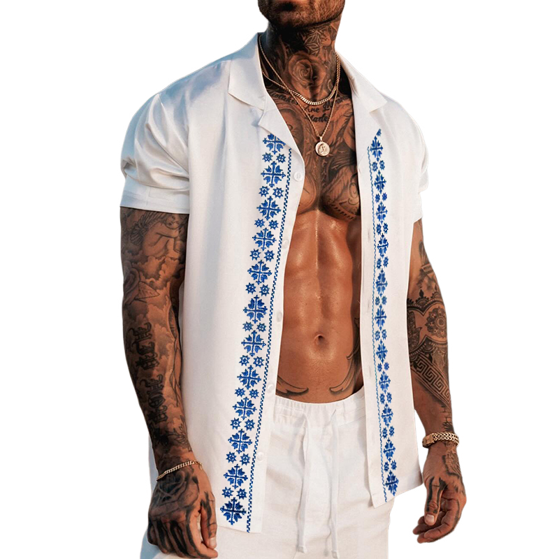 Herreskjorte med brodert slag og korte ermer i retro-stil, casual, MTA2018E4TO