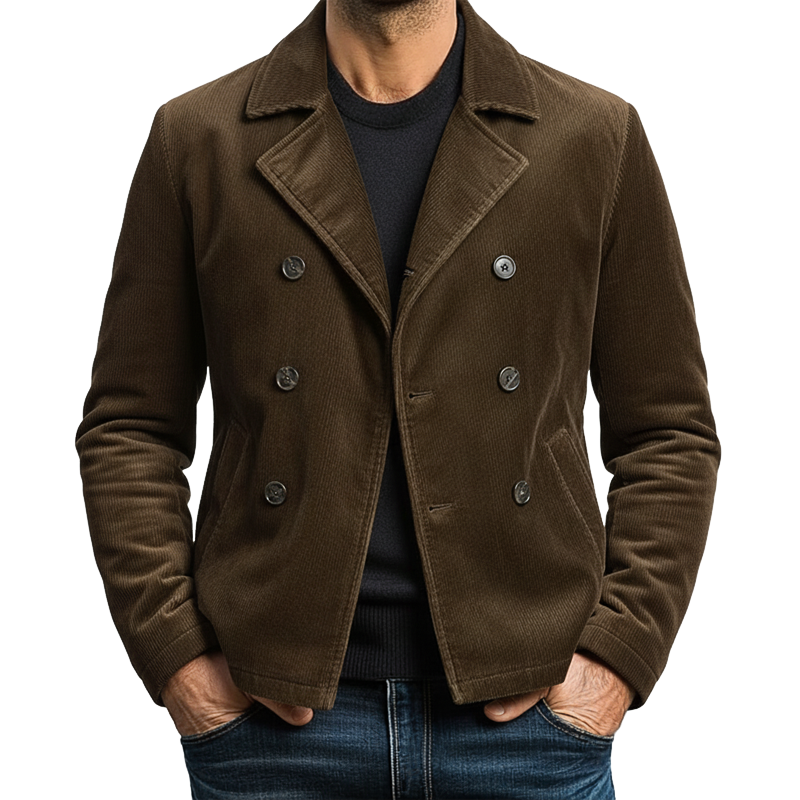 Men's Retro Brown Double-Breasted Notched Lapel Corduroy Slim Fit Jacket MTA3118J4U