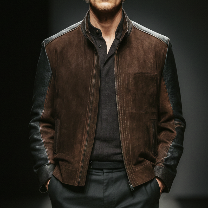 Men's Vintage Suede And PU Leather Stand Collar Jacket MTA2341J5U