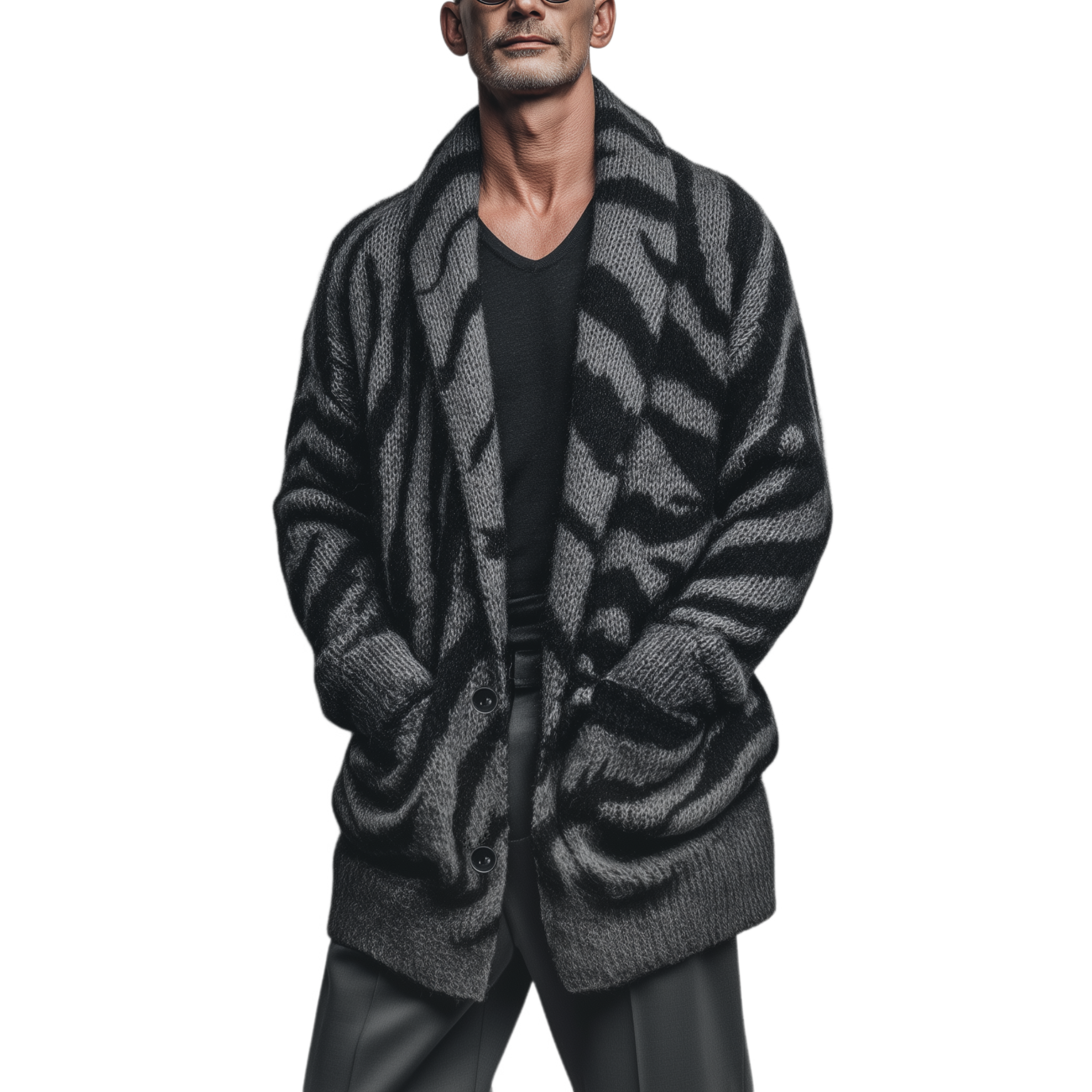 Men's Classic Fashionable Lapel Zebra Print Thigh-length Knitted Cardigan MTA1721J0K