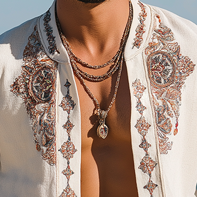 Men's Summer Fashion Exquisite Embroidered Linen Short Sleeve Shirt MTA1760F7P