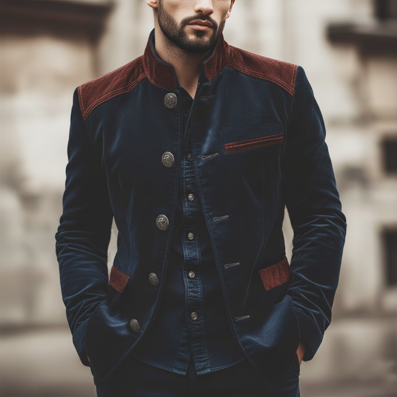 Men's Retro Elegant Stand Collar Velvet And Faux Suede Jacket MTA1258L8U