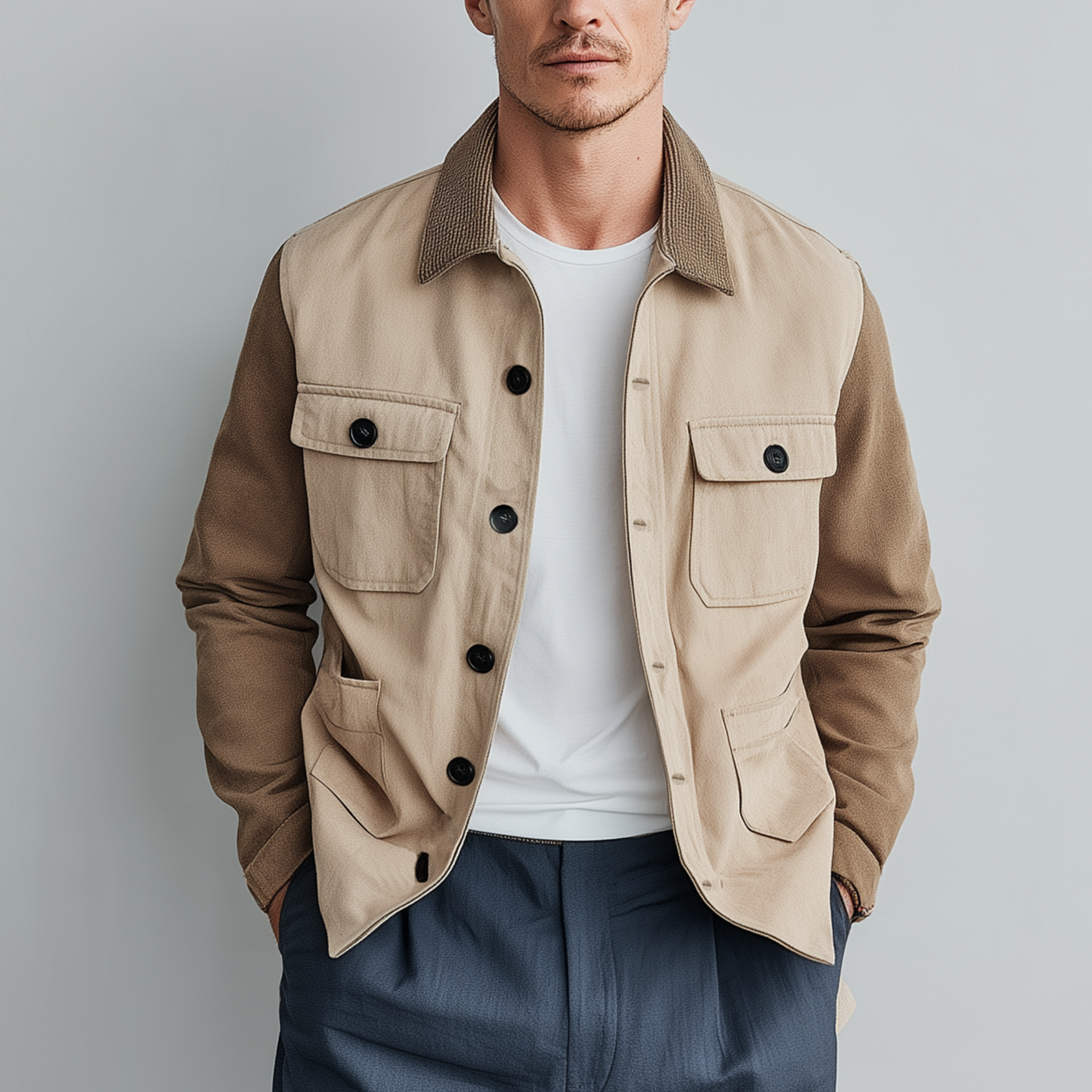 Men's Fashionable Casual Corduroy Collared Collar Stitching Suede And Cotton Blended Multi-pocket Jacket MTA2911G4K