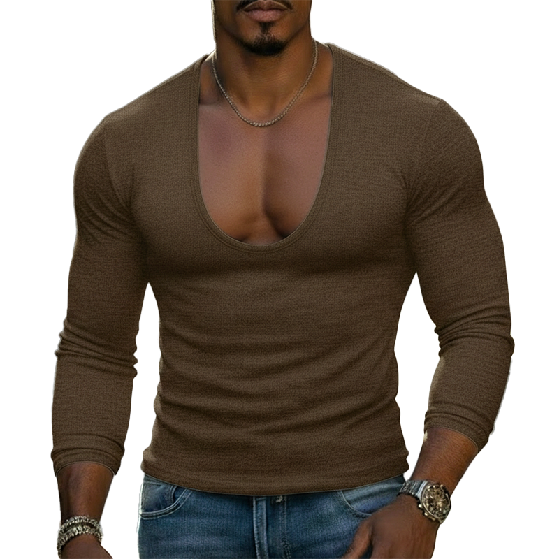 Men's Stylish Deep V-neck Polyester Blend Slim-fit Long-sleeved T-shirt MTZ1646A7P