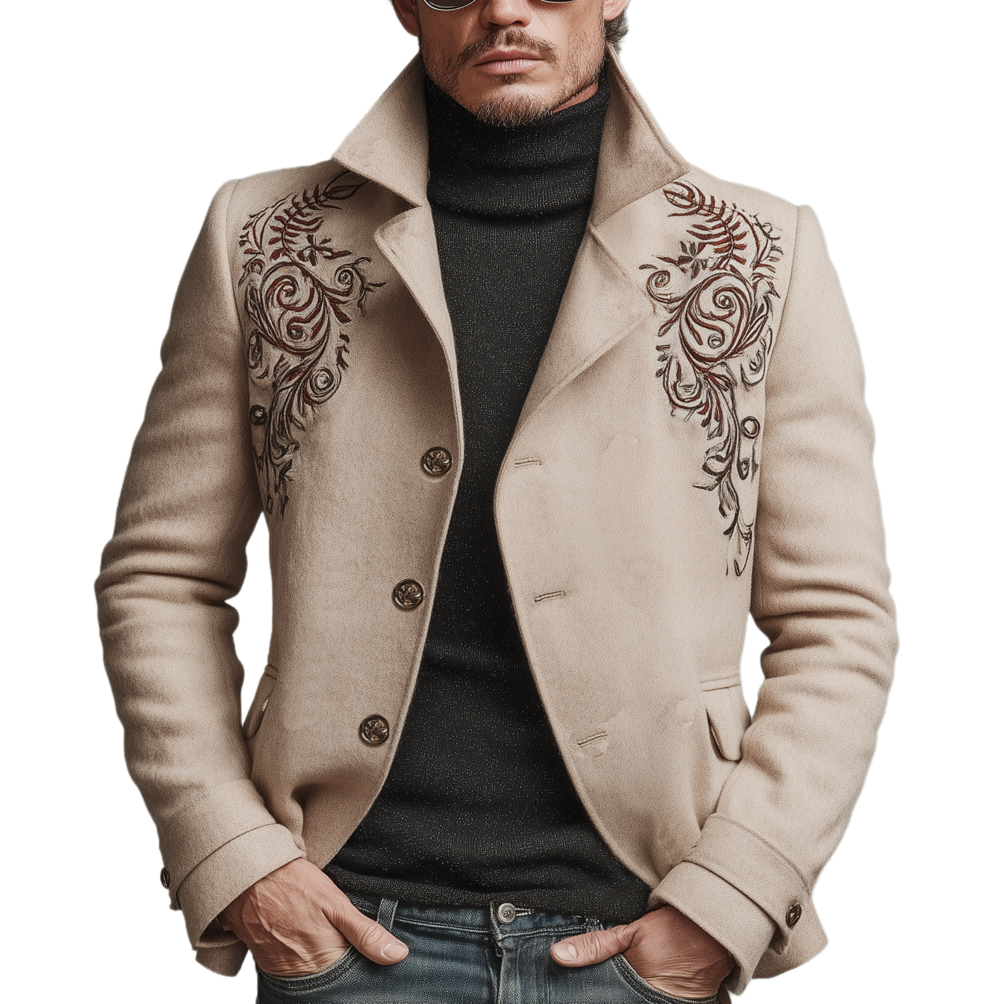 Men's Classic Retro Lapel Embroidered Faux Wool Slim-fit Jacket MTA0660K7K