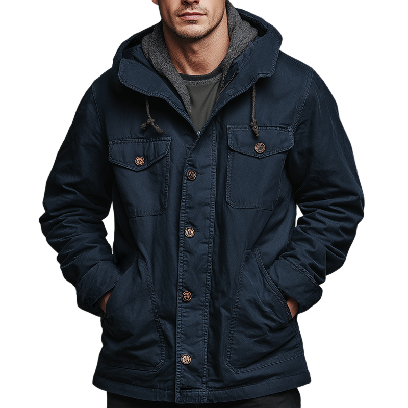 Men's Retro Casual Cotton Washed Hooded Multi-Pocket Zipper Jacket MTA2463K5TO