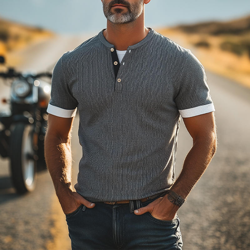 Men's Summer Fashion Personality Tough Guy Henry Collar Fake Two-piece Waffle Slim Short-sleeved T-shirt MTA2648E4K