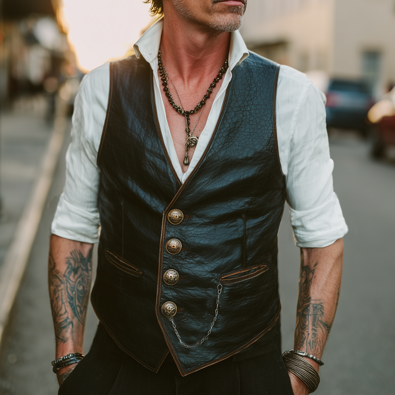 Men's Vintage Textured PU Leather Single Breasted Vest MTA1330H2U