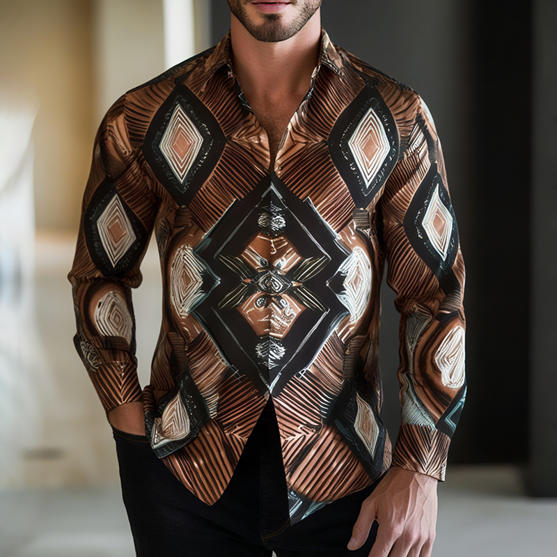 Men's Geometric Print Lapel Long Sleeve Shirt MTA2404G3Z