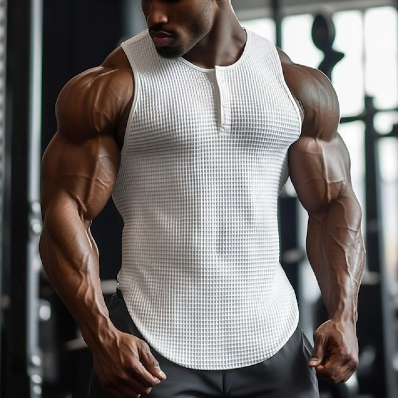 Men's Solid Color Henley Collar Sleeveless Tank Top MTA0707E3Z