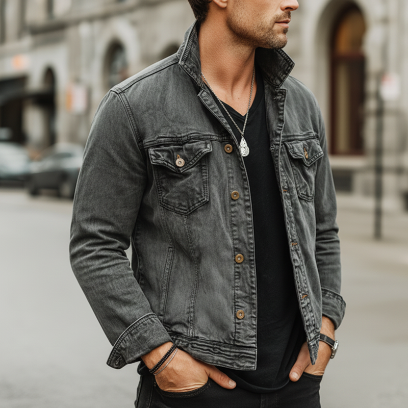 Men's Vintage Gray Distressed Button-up Lapel  Denim Jacket MTA3007K9U