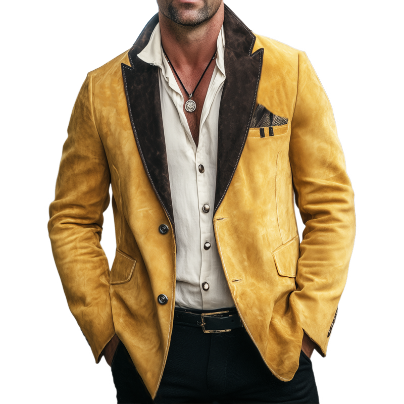 Men's Vintage Suede Colorblock Collar Two-Button Blazer MTA2271H0U