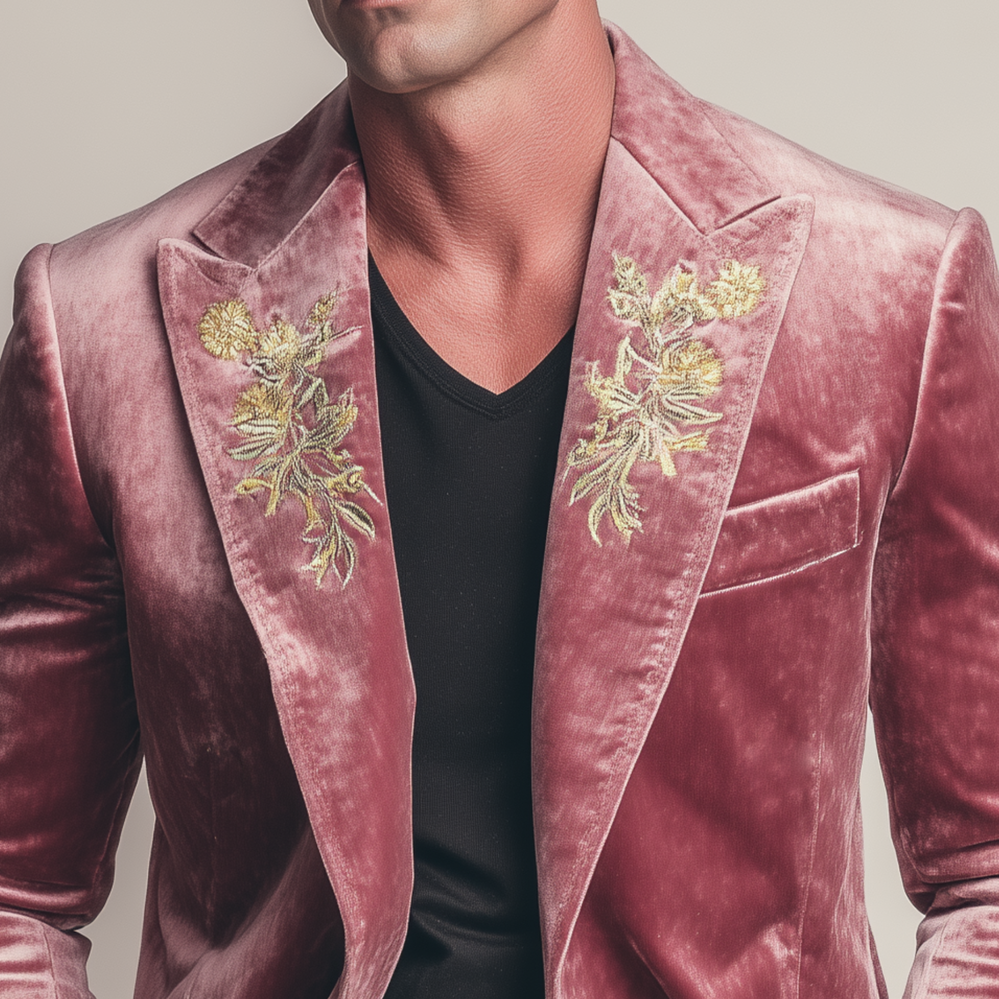 Men's Classic Formal Party Pink Velvet Embroidered Slim Fit Single-breasted Blazer MTA1544H4K
