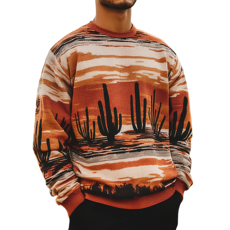 Men's Western Pattern Round Neck Long Sleeve Knit Sweater MTA1403H5Z