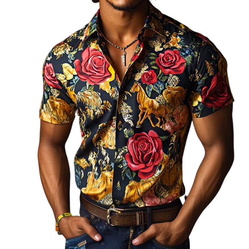 Men's Retro Western Cowboy Style Luxury Rose Print Satin Lapel Short Sleeve Shirt MTA0654E3TO