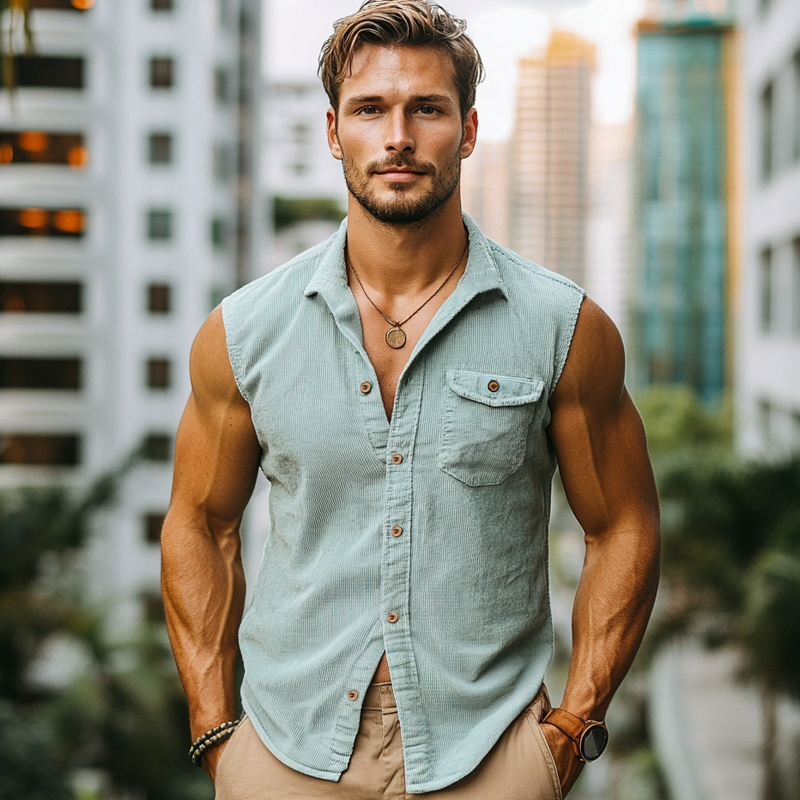 Men's Summer Classic Solid Color Corduroy Sleeveless Shirt MTA0136G8U